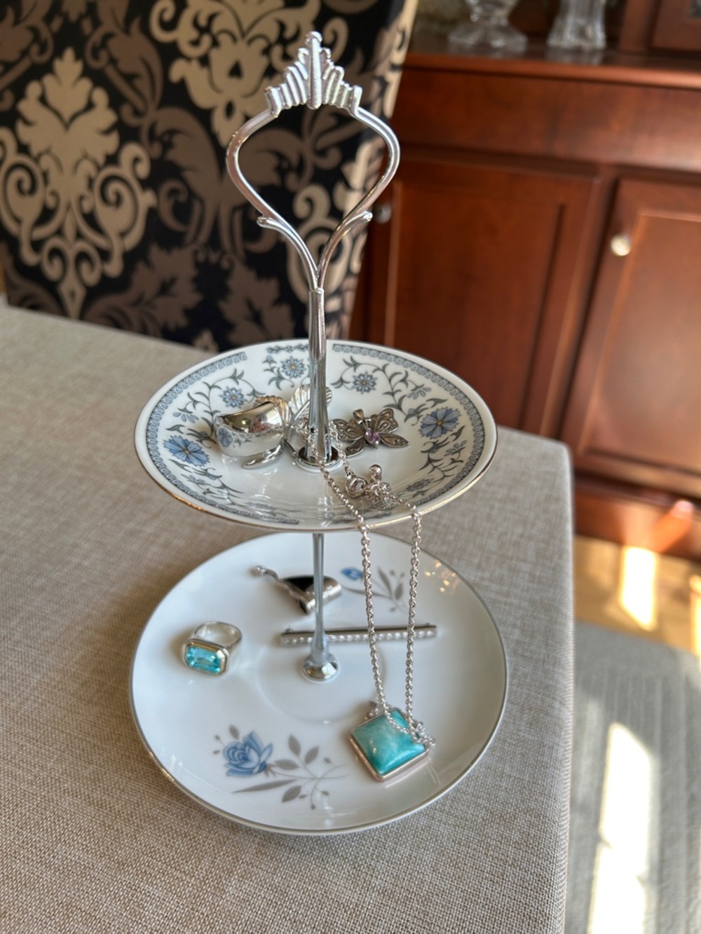 Two-Tier White and Blue Ceramic Jewelry or Dessert Stand 9” tall